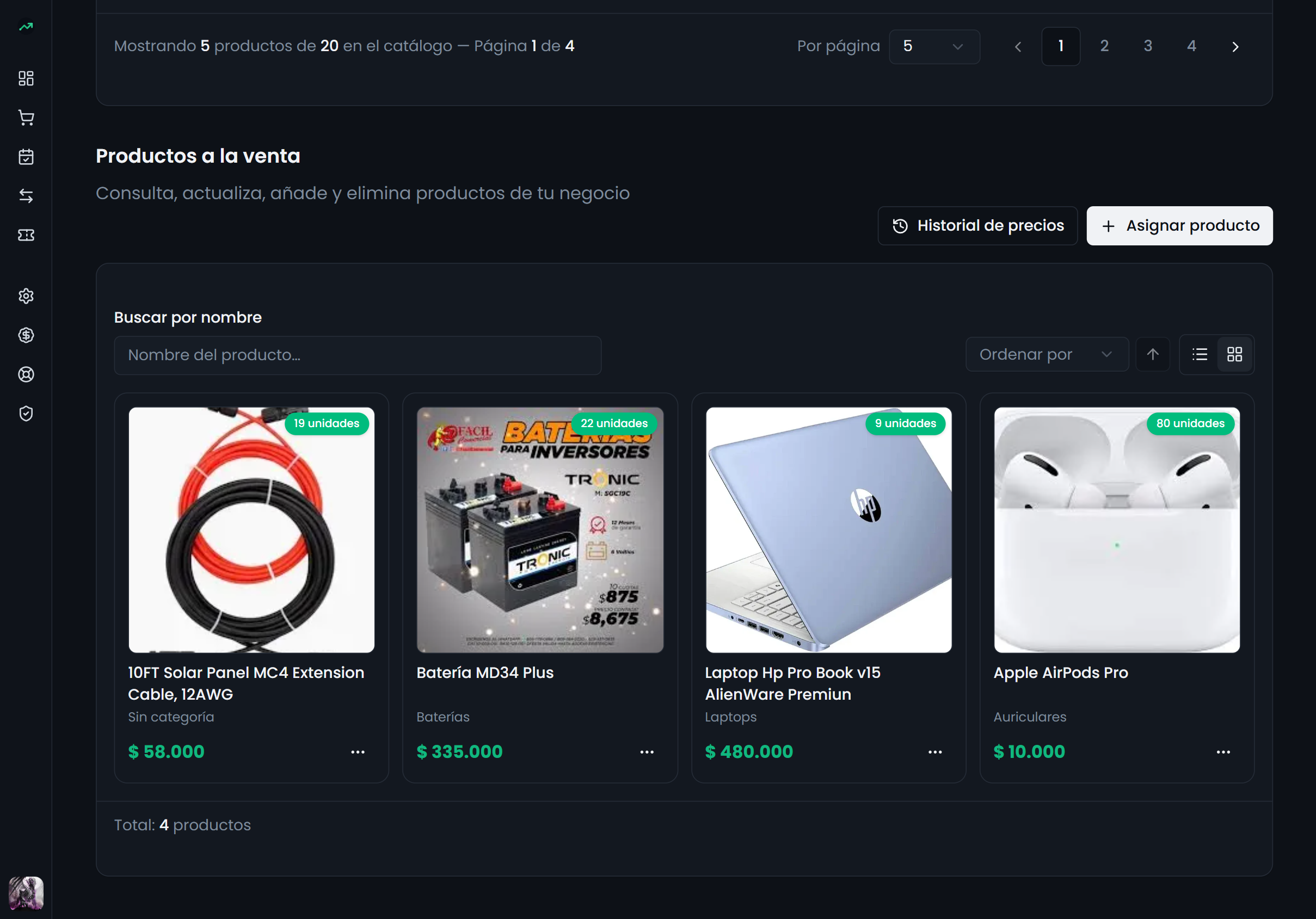 Captura de la pantalla de Productos